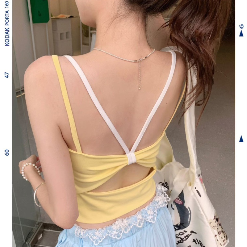 韩系春夏季新款假两件设计感露背性感吊带女装修身显瘦带胸垫背心