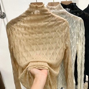 2025早秋新款半高领蕾丝打底衫女秋冬配皮草内搭洋气纱衣网纱上衣