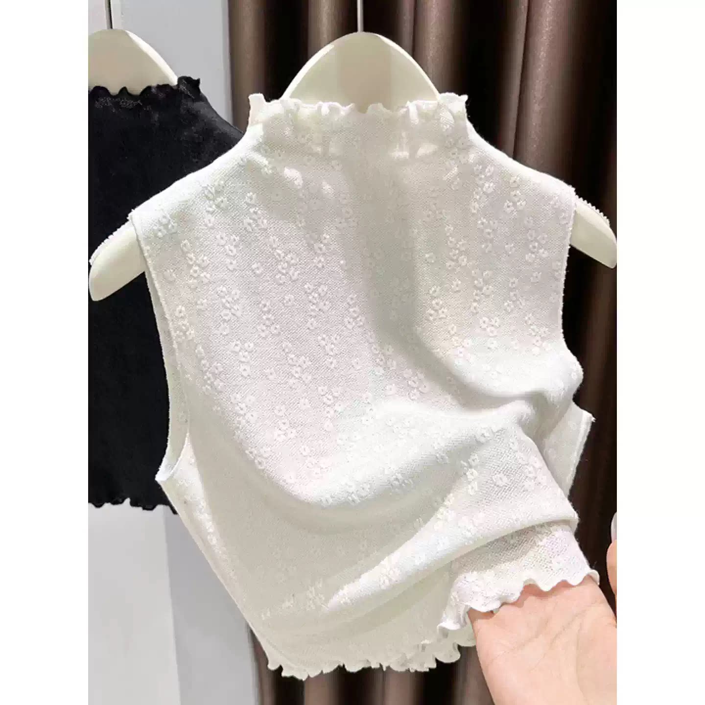 木耳边蕾丝无袖上衣女秋假领子内搭半高领叠穿打底衫短款修身背心
