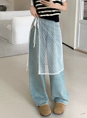 白色蕾丝半身裙女2024新款夏季裙帘设计感绑带一片式牛仔裤屁帘纱