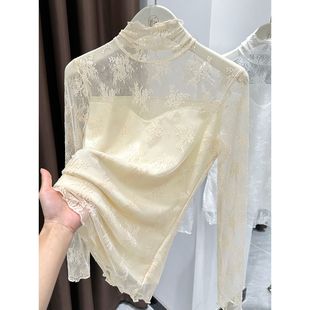 高领蕾丝拼接打底衫女春秋新款木耳边高级感叠穿内搭网纱修身上衣