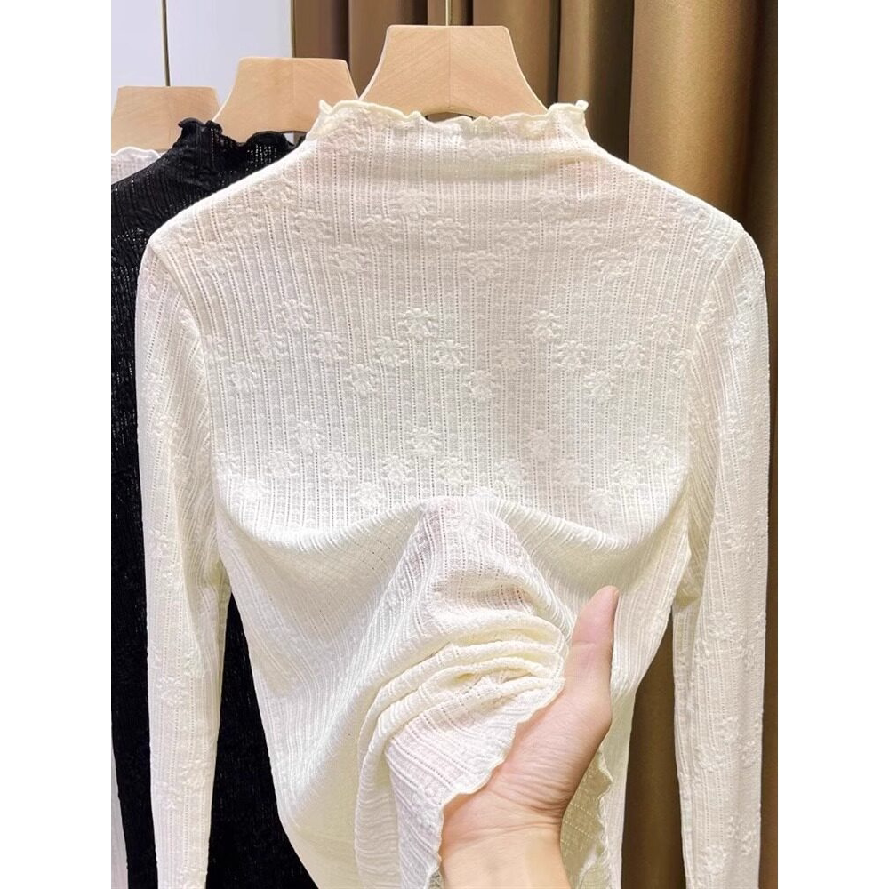 性感辣妹chic蕾丝木耳边修身长袖针织衫女秋冬半高领小香内搭上衣