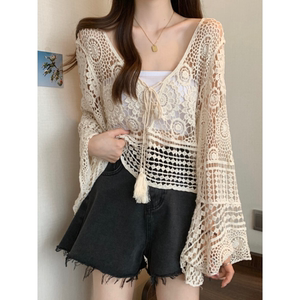 镂空防晒罩衫女夏季大码胖mm显瘦高级设计感蕾丝钩花上衣外搭披肩