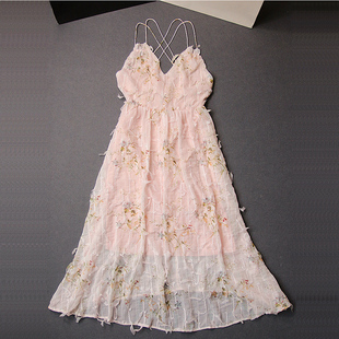 马尔代夫泰国巴厘岛沙滩裙女粉色超仙海边度假长裙吊带露背连衣裙