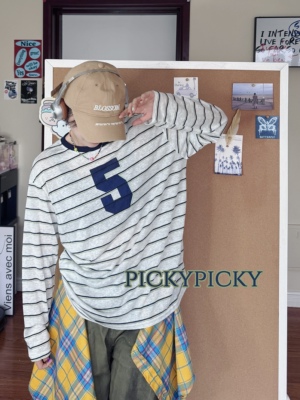pickypicky条纹数字印花长袖T恤女宽松显瘦百搭打底上衣