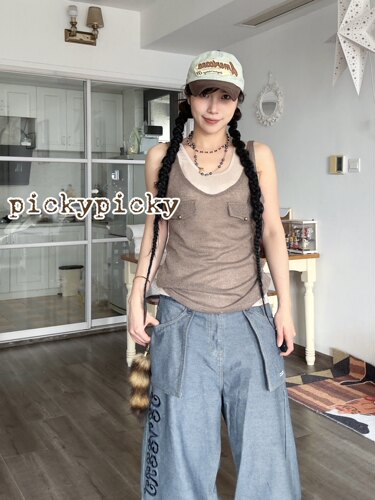 pickypicky美式复古两件套拼接针织辣妹上衣背心