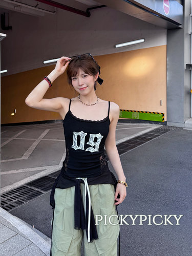 pickypicky美式复古字母辣妹蕾丝拼接纯欲吊带小背心