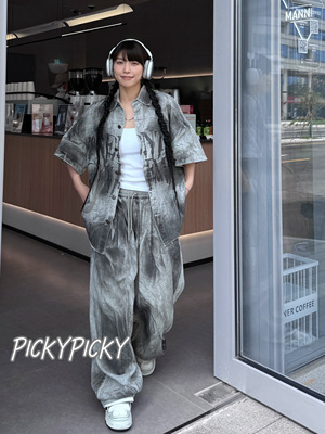 pickypicky早春高街手绘涂鸦牛仔套装做旧宽松情侣套装男女