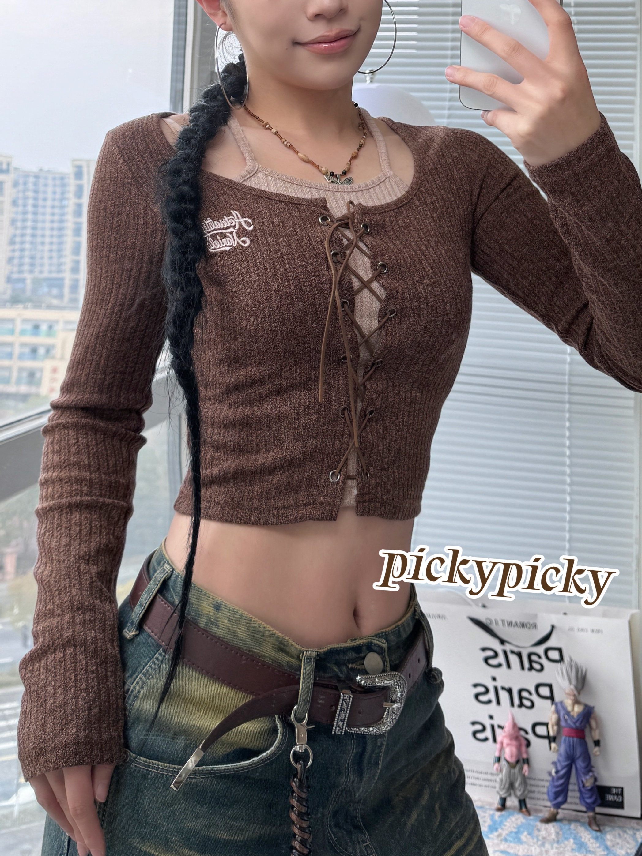 pickypicky短款辣妹挂脖绑带针织衫女早秋季修身显瘦假两件上衣