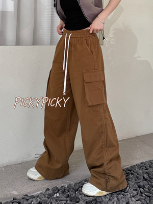 pickypicky棕色抽绳设计款宽松大口袋可调节秋冬款工装裤