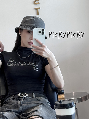 pickypicky烫钻印花小高领短袖打底衫女美式街头辣妹短款正肩T恤