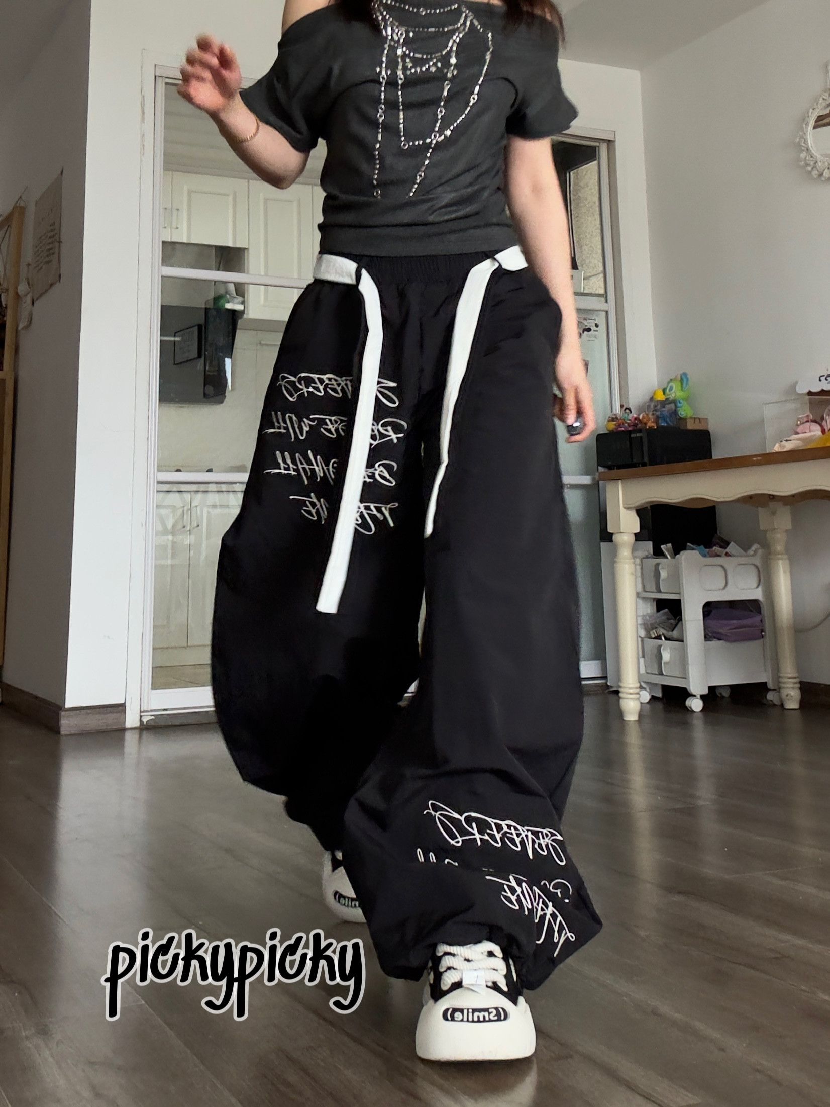 pickypicky【送腰带】美式复古黑白撞色字母刺绣宽松阔腿裤休闲裤