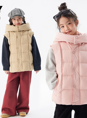 儿童连帽加厚羽绒服马甲女童冬季男童新款90白鸭绒无袖中大童外套