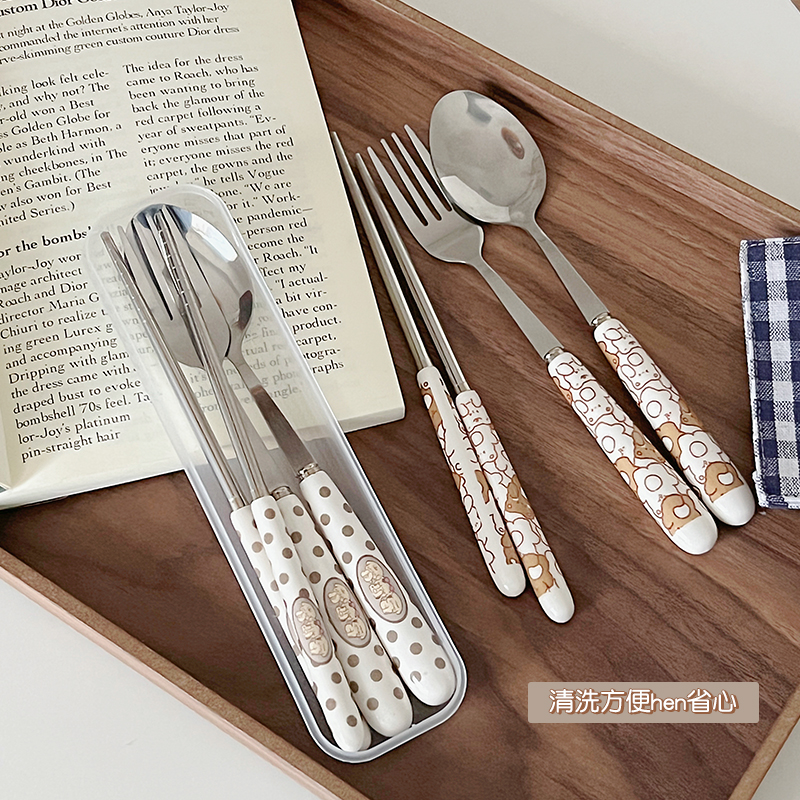 学生筷子勺子套装餐具叉子不锈钢三件套儿童一人用可爱便携收纳盒,餐饮具,叉/勺/筷套装,淘宝优惠券,粉丝福利购,淘宝优惠卷