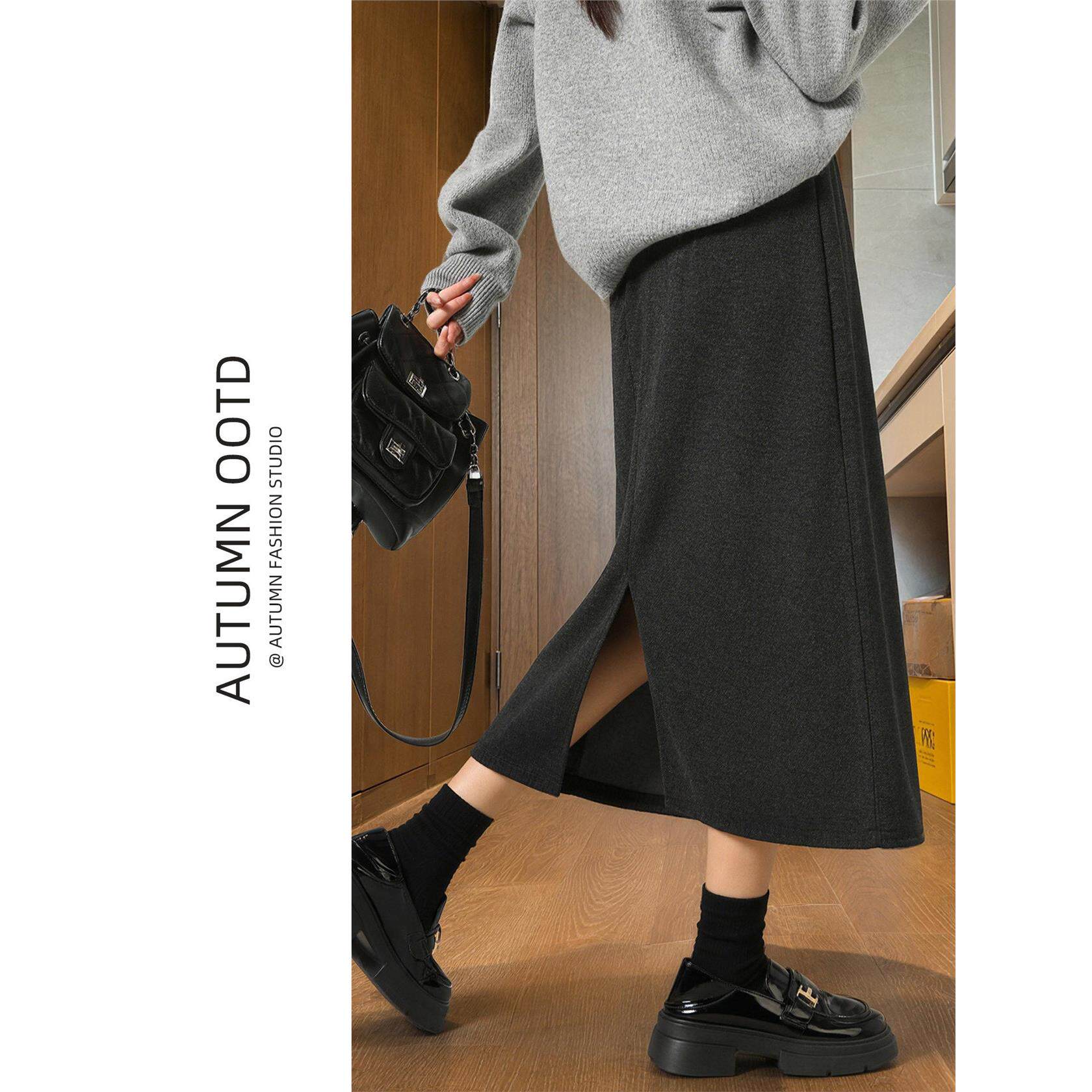 黑色毛呢半身裙女2026新款秋季高腰a字显瘦包臀裙针织开叉直筒裙