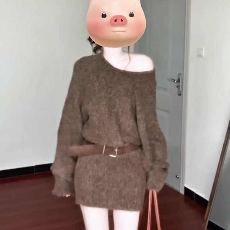 慵懒风斜肩长袖针织毛衣