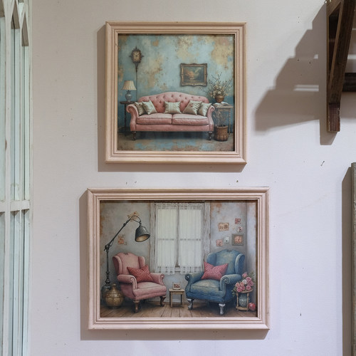 美式法式复古温馨卧室场景装饰画客厅餐厅床头挂画两联画