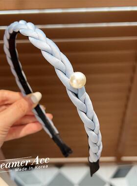 韩国进口小清新浅蓝色珍珠简约编织麻花窄边发箍发卡细边压发头饰