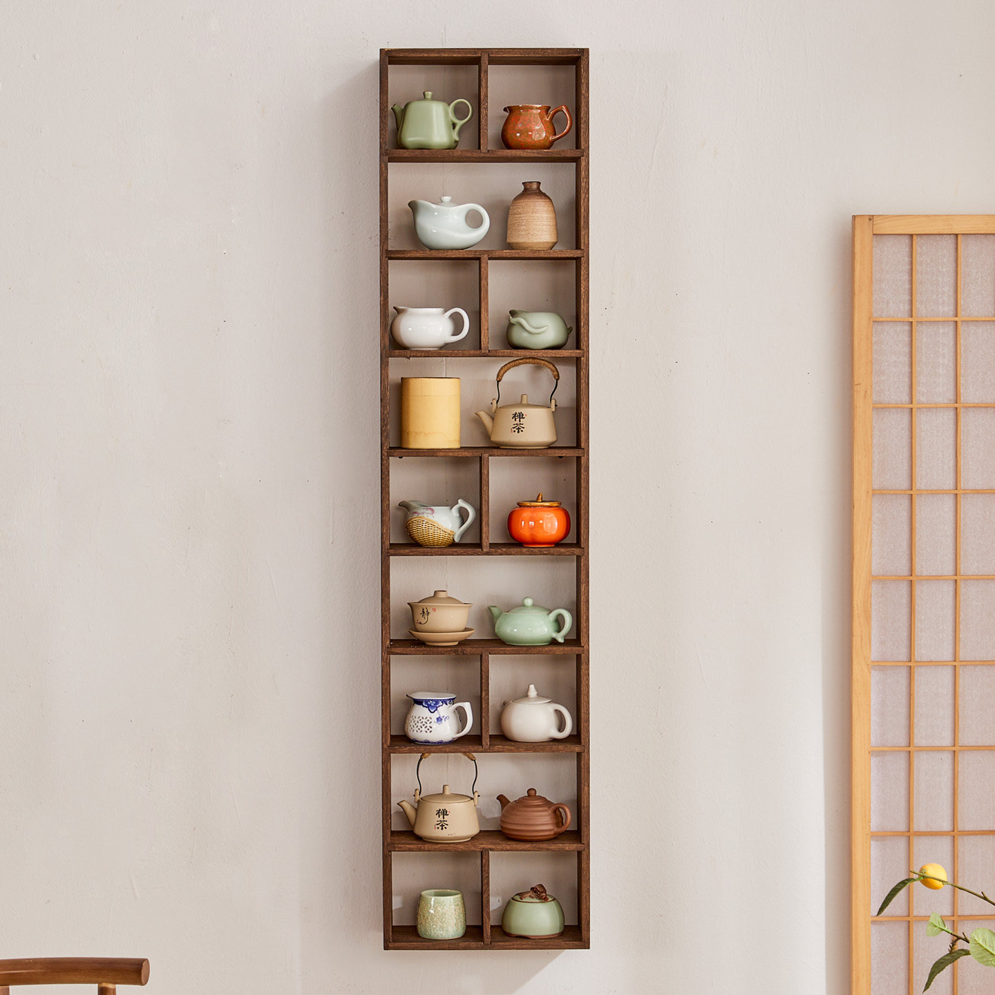 烧桐木多宝格博古架新中式茶具收纳置物架实木墙上茶壶盖碗展示架
