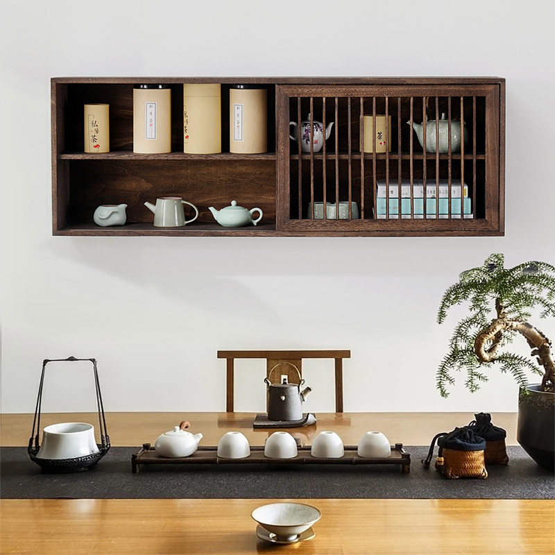 实木墙柜吊柜中式壁挂柜格茶柜架茶具置物架博古架多宝阁普洱茶饼
