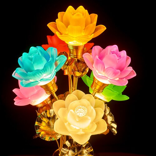 led家用七彩水晶琉璃莲花灯佛供灯佛前佛堂观音菩萨九品 插电款
