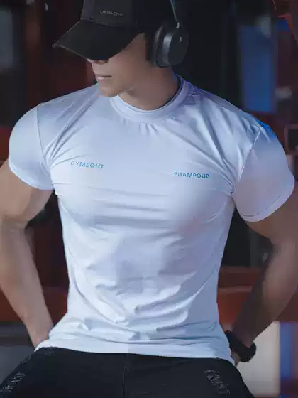 Short-Sleeved Men's New Quick-Drying Double-Neck Muscle Fitness Casual Stretch T-Shirt for Gym Brothers with Cuffed Sleeves for Training in Summer