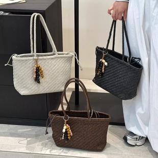 时尚手工编织包女2025新款秋季复古休闲编制菜篮子包包百搭单肩包