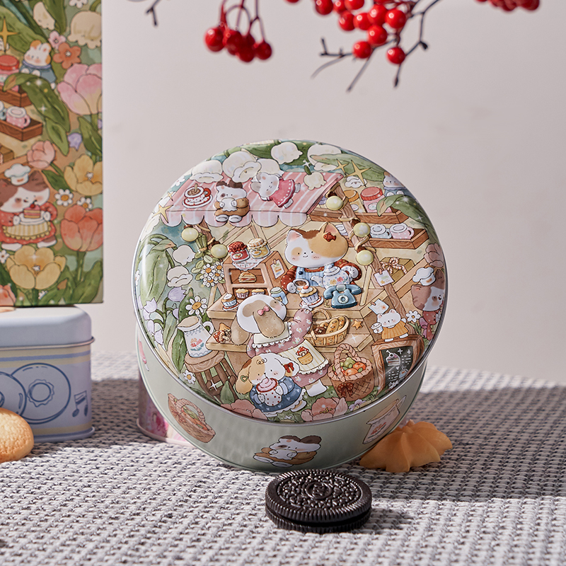 原创卡通曲奇饼干圆形铁盒结婚伴手礼巧克力喜糖盒宫记千层蛋糕盒