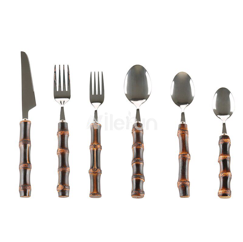 304不锈钢西餐餐具套装牛排刀叉氛围感黑色竹节手柄主餐勺水果叉