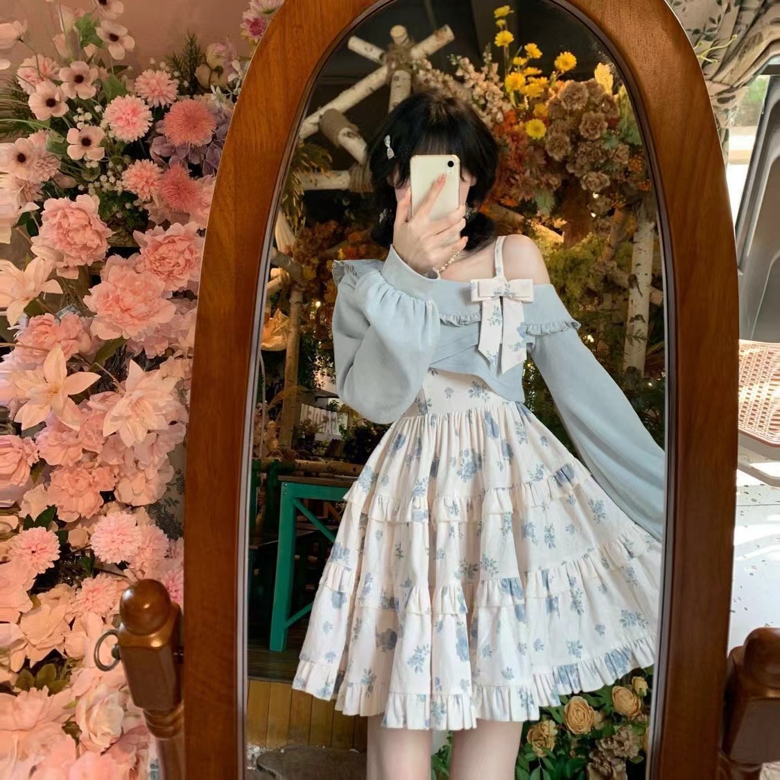 蔷薇碎花吊带裙清新斜肩套装日系毛衣甜美新款两件显瘦蓬蓬连衣裙