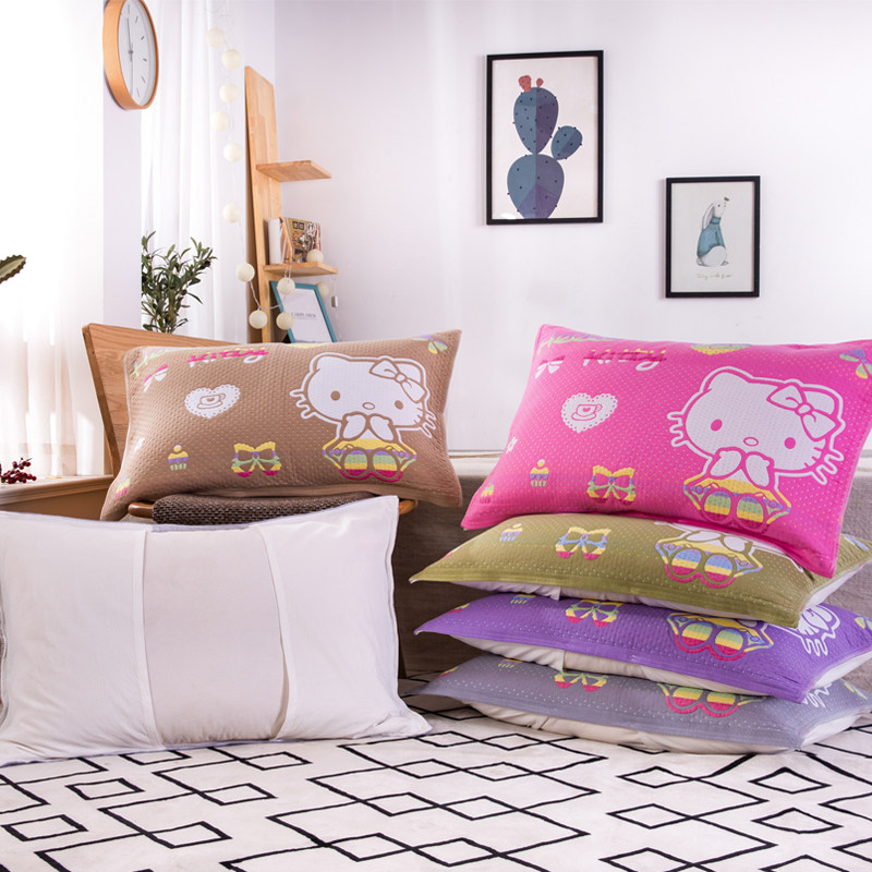 纯棉卡通枕巾背面固定套加厚 KT猫单人情侣枕套枕头巾2条双人盖巾