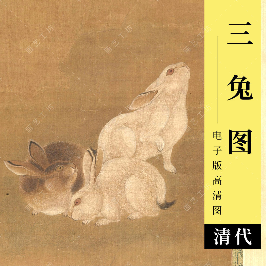 三兔图电子版清代龚吉古画白兔子走兽动物工笔国画临摹高清图
