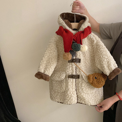 女童外套2025冬季韩版皮毛一体长袖连帽羊羔毛加绒加厚毛毛大衣