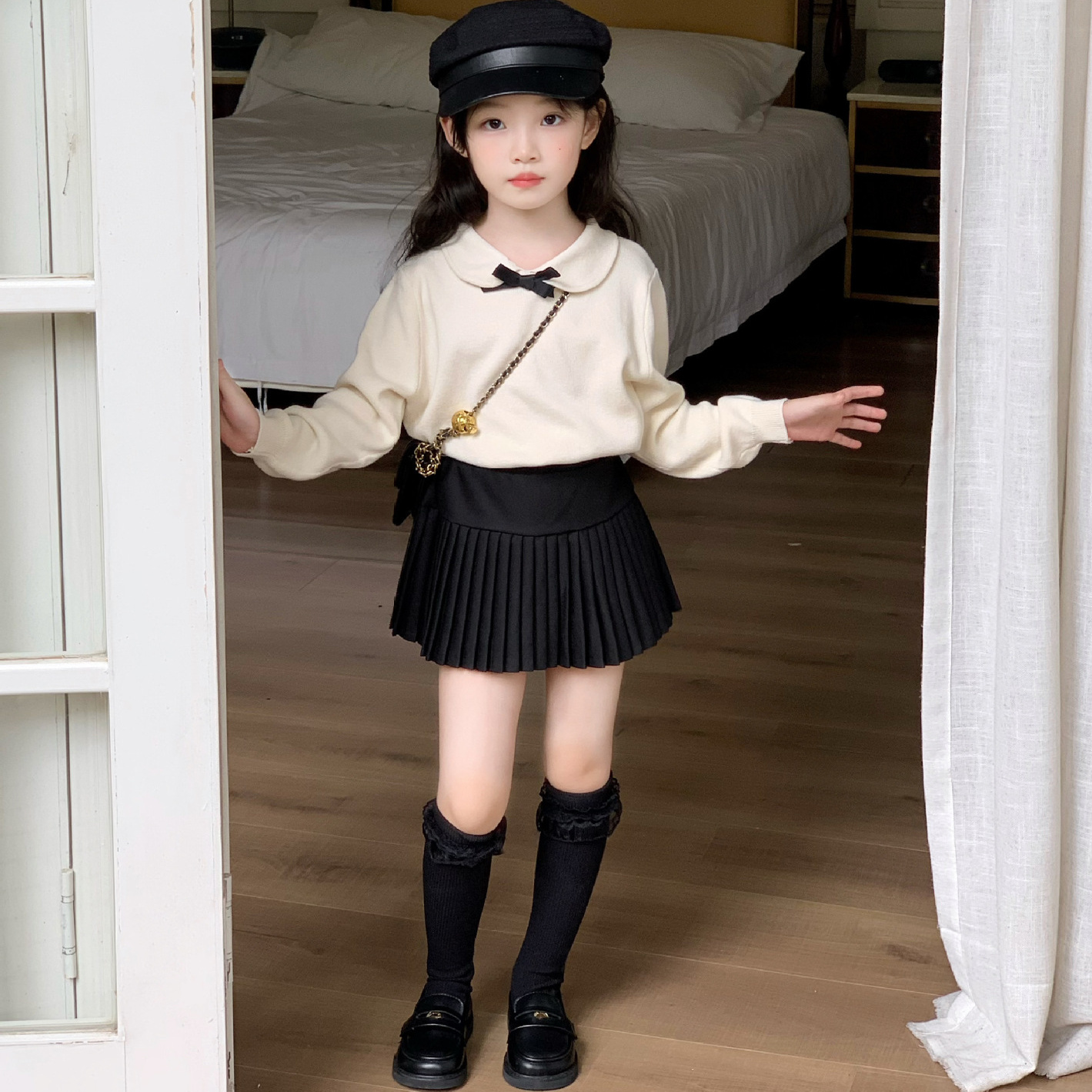 女童小香风套装2025秋季韩版学院风针织衫套头上衣百搭百褶裙短裙