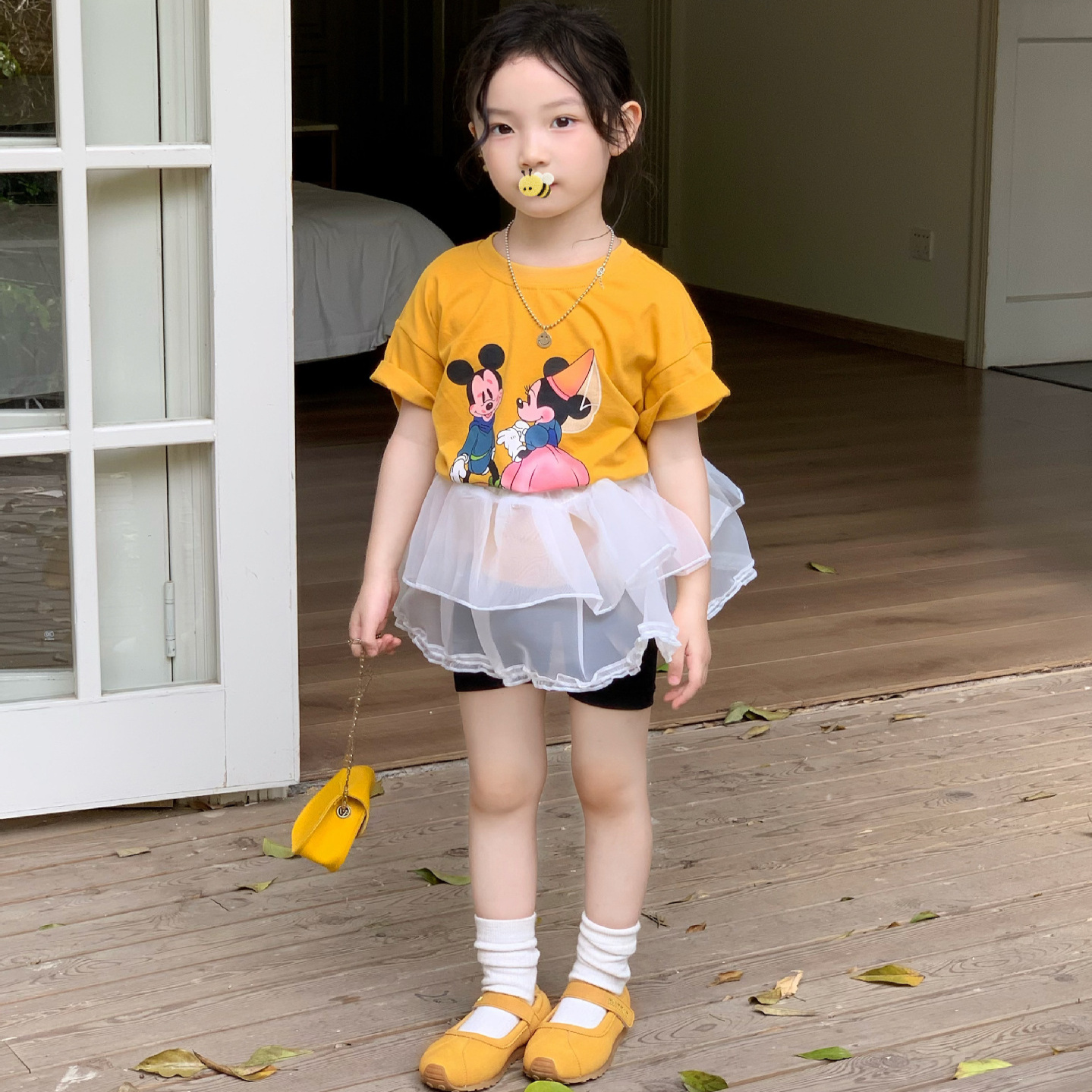 女童休闲套装2025夏季韩版百搭短袖T恤纱裙屁帘短裙打底裤骑行裤