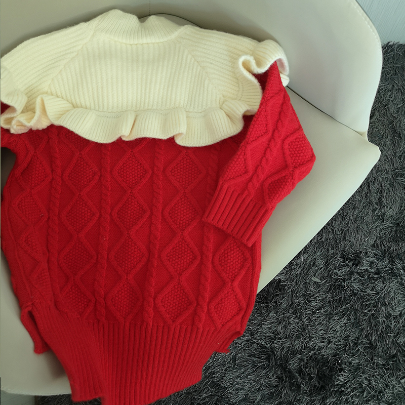 断码清仓女童针织衫冬季韩版半高领红色加厚毛衣新年装喜庆上衣