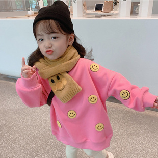 现货卡卡米女童卫衣2023韩版 一体绒宽松休闲上衣 加绒中长款 秋冬季