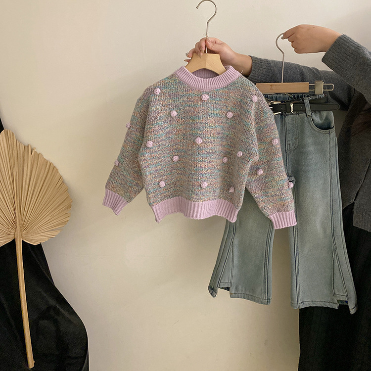 女童休闲套装2025冬季韩版毛球毛衣针织衫中大童加绒牛仔裤喇叭裤