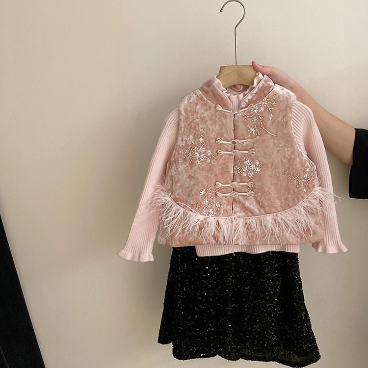 女童中式套装2025秋冬季中国风汉服马甲长袖针织衫毛衣亮片半身裙