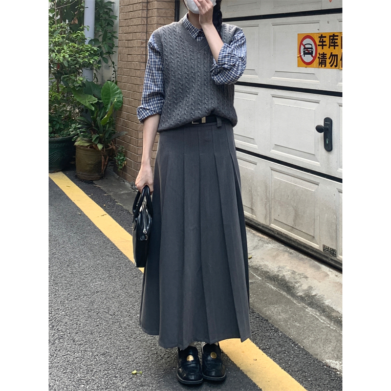 灰色miu系百褶西装半身裙a字长裙