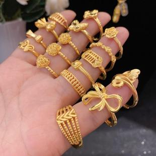 沙金款仿金戒指活口可调节方糖玫瑰蝴蝶结爱心算盘女小众指环