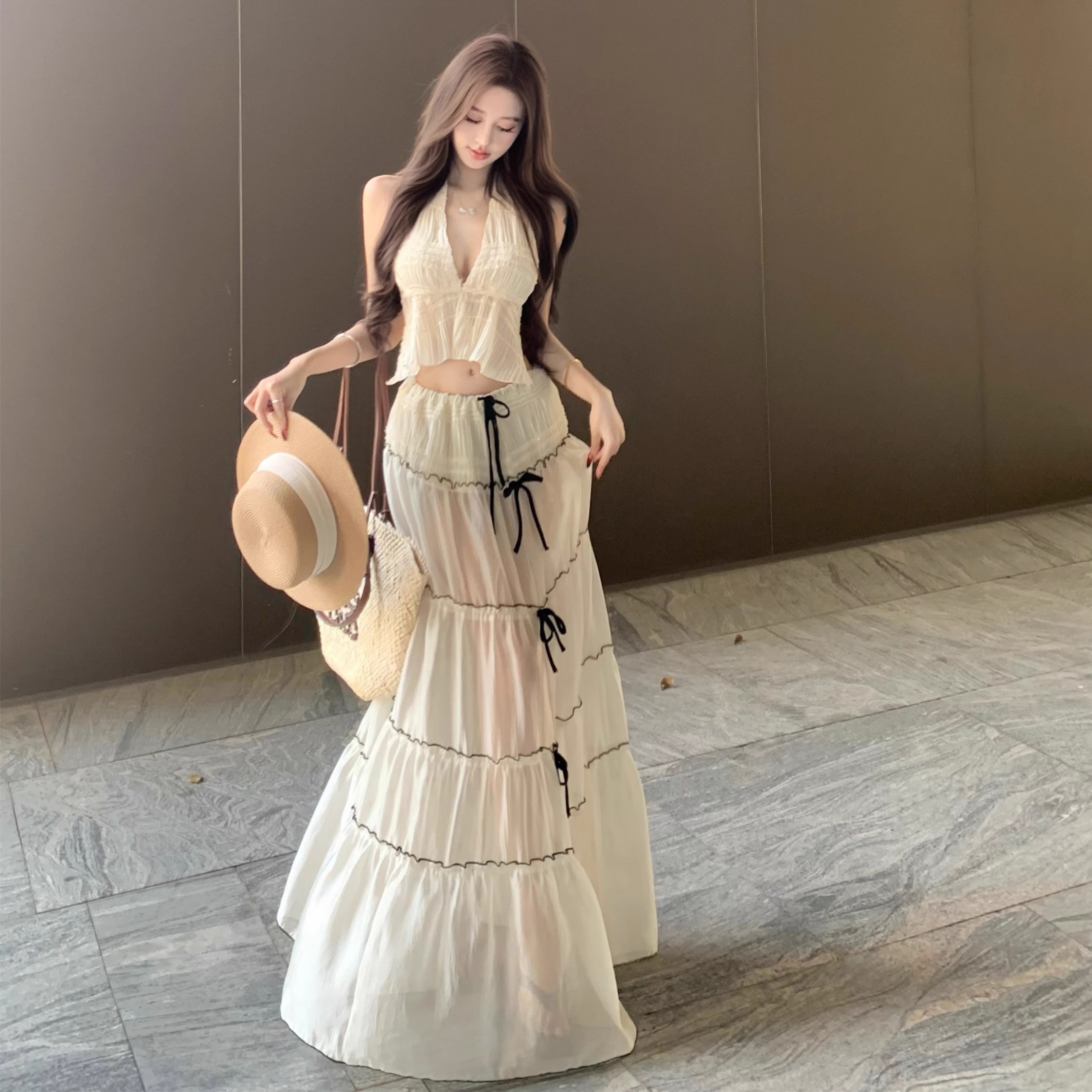 比基尼罩衫蜜月海岛性感三件套V领挂脖大露背网纱高腰沙滩半身裙