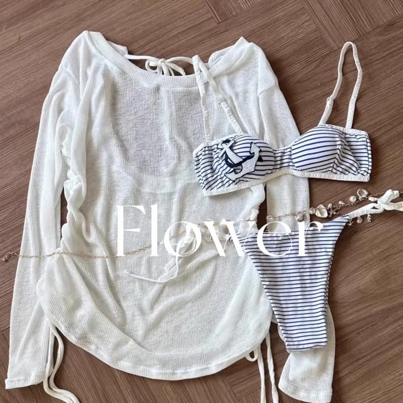 【韩漫人鱼】韩系条纹分体三件套纯欲氛围感bikini海岛度假泳衣