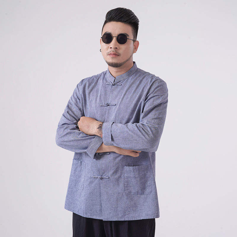 春秋大码亚麻唐装衬衫男复古盘扣中式棉麻加肥加大号民族风秋季