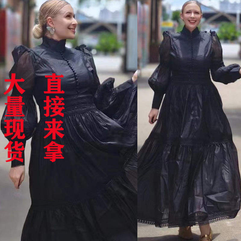 外贸独立站复古蕾丝花边拼接立领设计灯笼袖连衣裙麻长袖春秋
