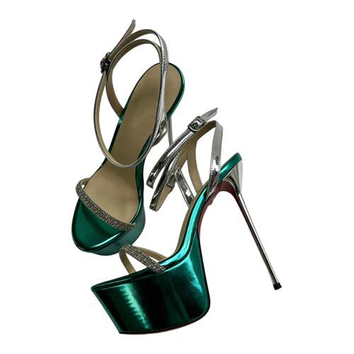 新款 个性时装高跟鞋绿色水钻罗马水台银色跟凉鞋女heels sandal