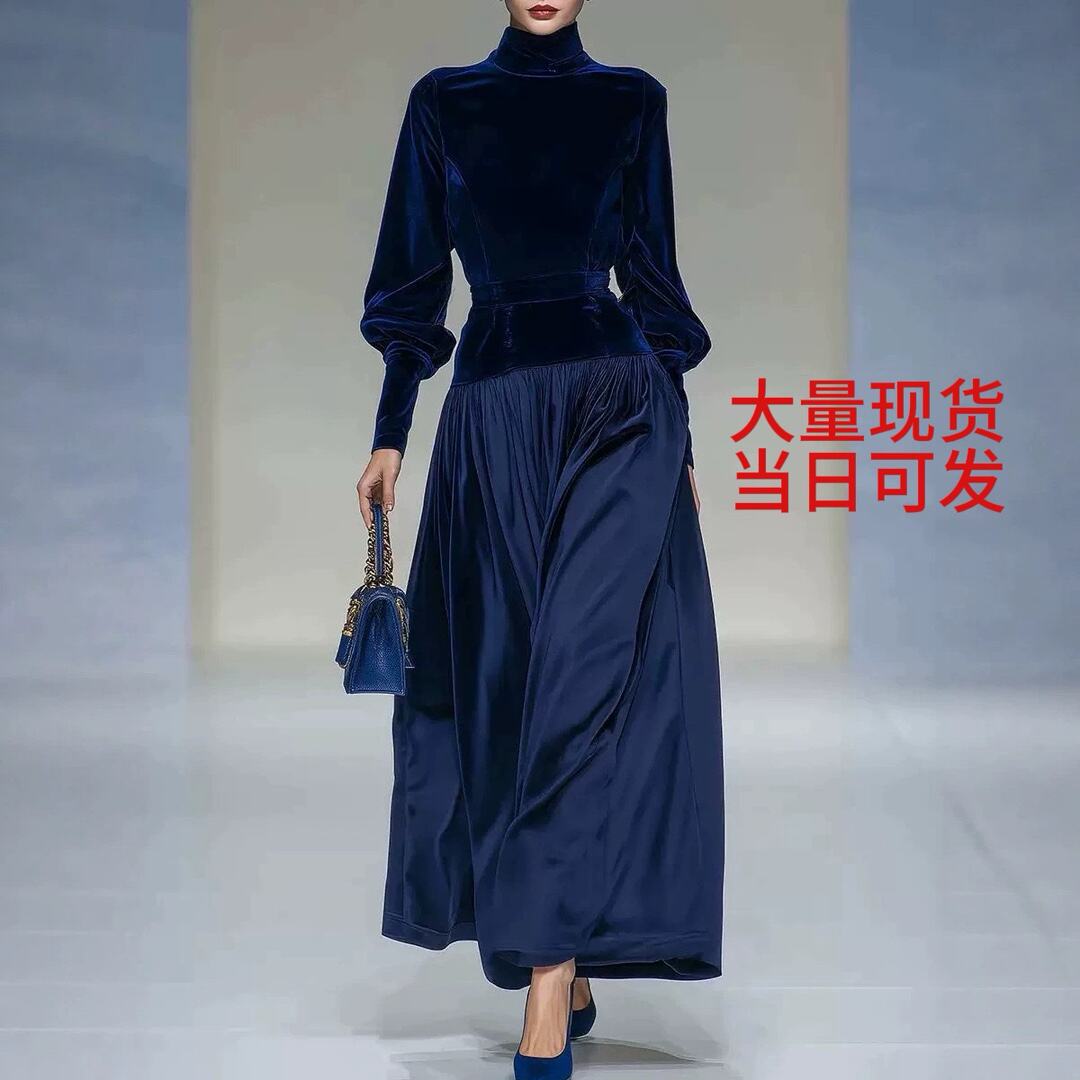 丝绒拼接长袖连衣裙欧美跨境优雅时尚休闲吸睛舒适礼服长裙修身型