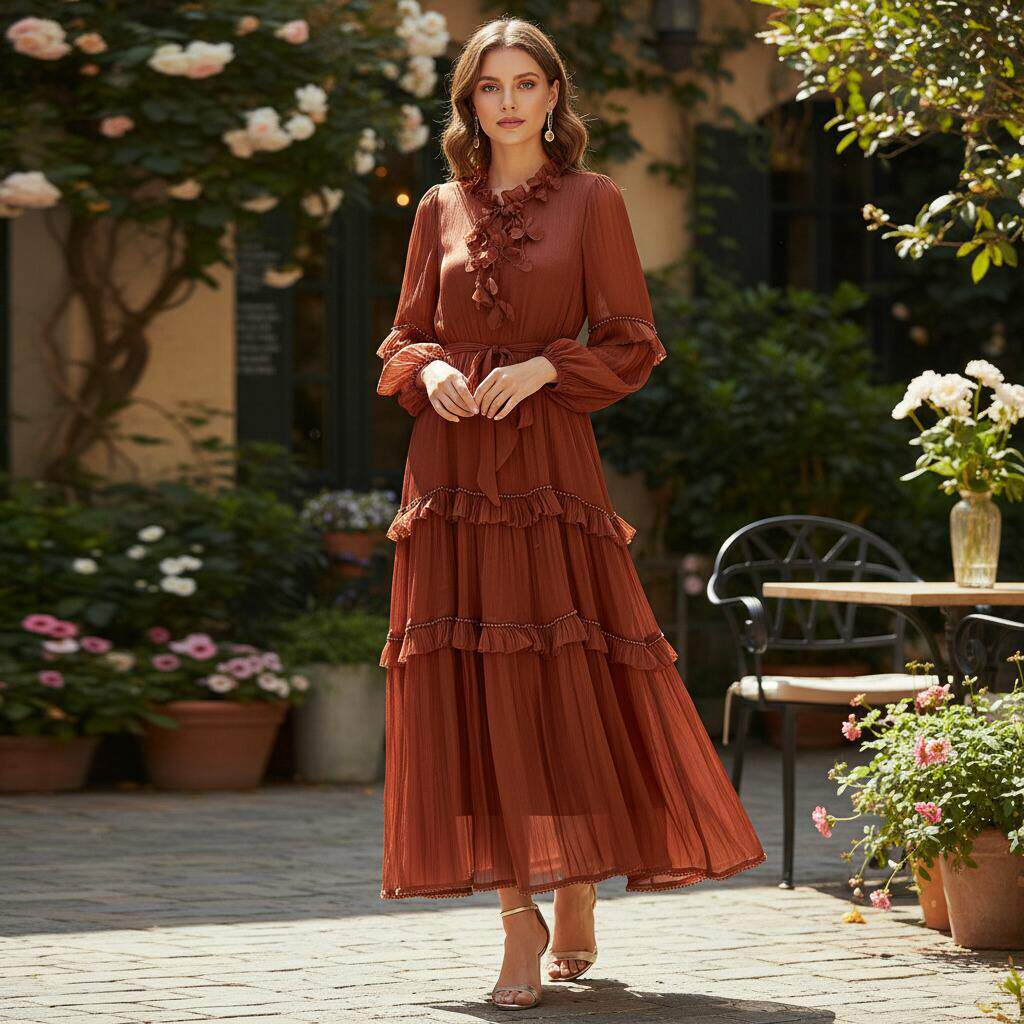 2026度假风花边系带立领多层珍珠荷叶边大摆型纯色长款连衣裙 8色