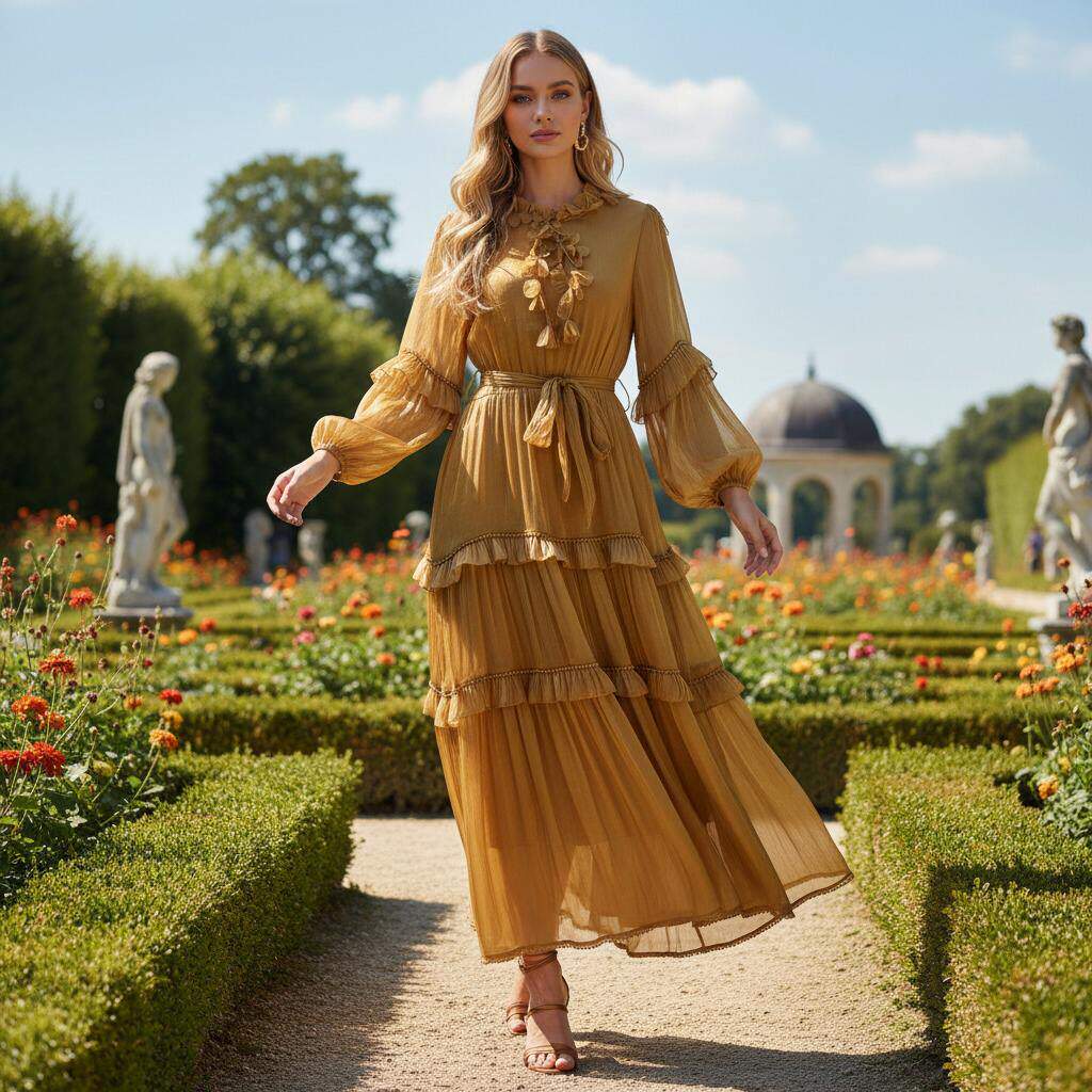 2026度假风花边系带立领多层珍珠荷叶边大摆型纯色长款连衣裙高领