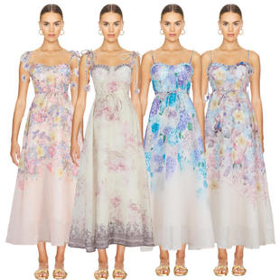 2025夏花卉印花吊带鱼骨收腰仙女连衣裙旅游度假裙子女高领